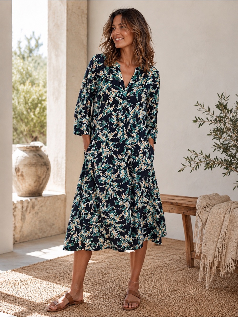J. Jill Exotic Blooms Garden Dress S Black Floral Cotton Midi BONUS J.Jill Scarf